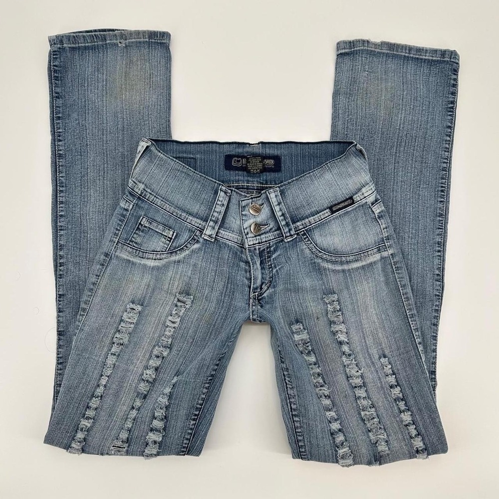 2000s Lantano Low rise bootcut jeans with vertical distressing and ripped